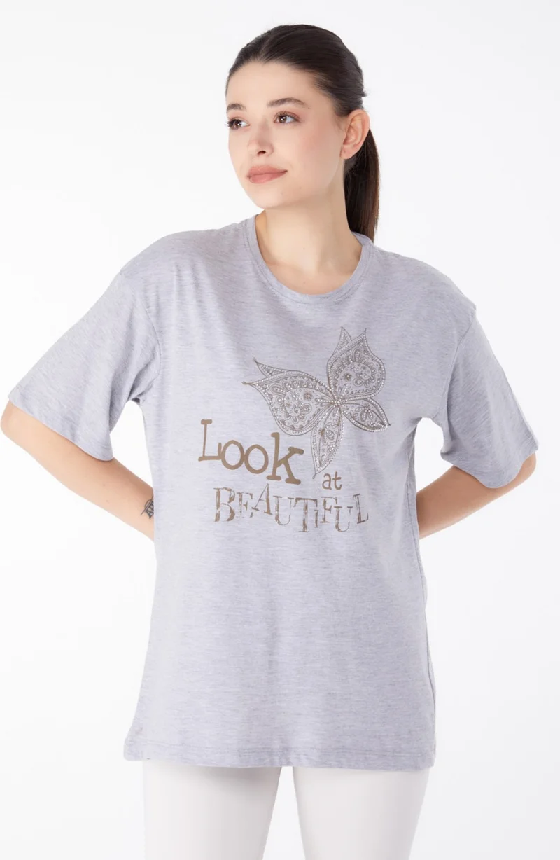 Tofisa Plain Crew Neck Women's Gray Stone T-Shirt - 25476
