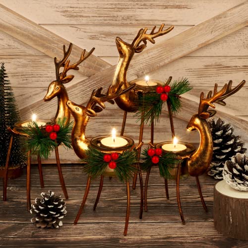 MCEAST 4 Pieces Reindeer Tealight Candle Holders Standing Iron Metal Christmas Decorations with 4 Sizes Xmas Glass Votive Holders with Pine Cones Christmas Tabletop Centerpiece Holiday Decoration