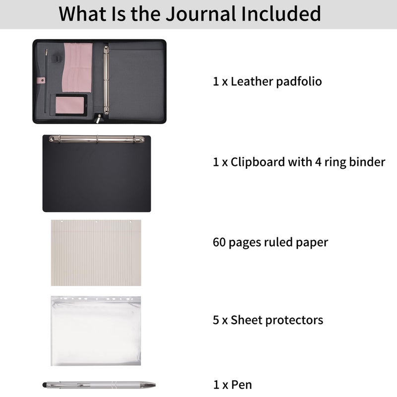 Wonderpool Travel Zippered Portfolio 3 Ring Binder A4 Padfolio Document Case with Removable Clipboard Legal Pad Holder, Business Office School Organizer for Men and Women (Pink) - Image 4