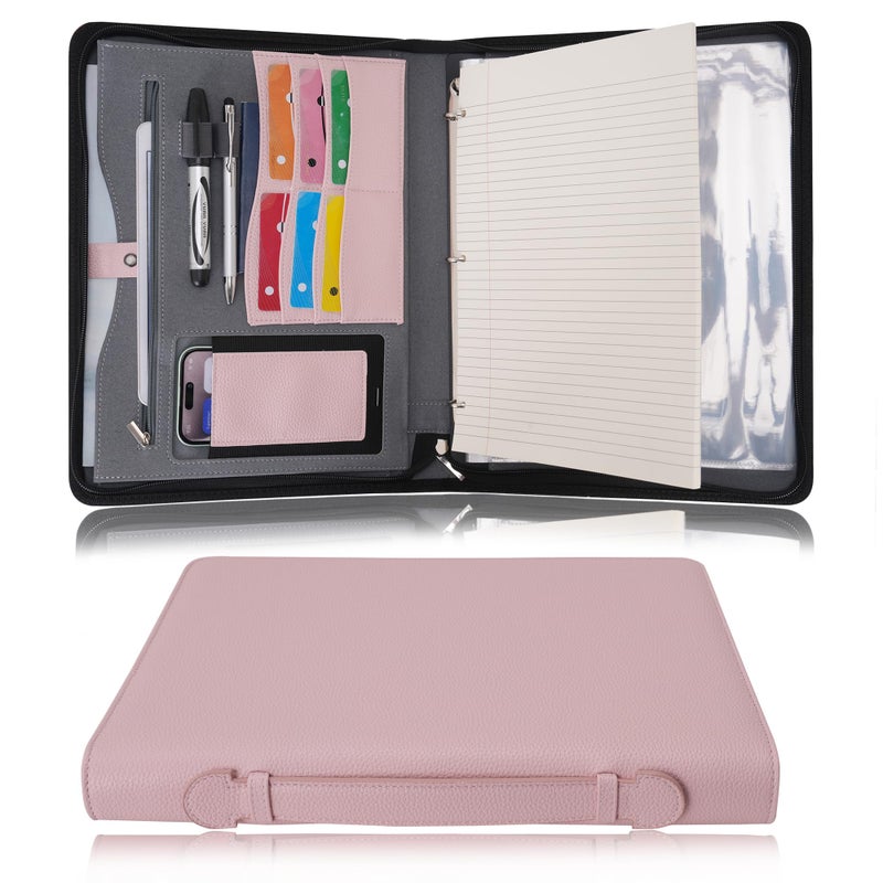 Wonderpool Travel Zippered Portfolio 3 Ring Binder A4 Padfolio Document Case with Removable Clipboard Legal Pad Holder, Business Office School Organizer for Men and Women (Pink) - Image 1