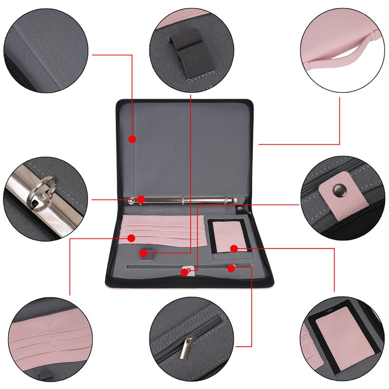 Wonderpool Travel Zippered Portfolio 3 Ring Binder A4 Padfolio Document Case with Removable Clipboard Legal Pad Holder, Business Office School Organizer for Men and Women (Pink) - Image 2