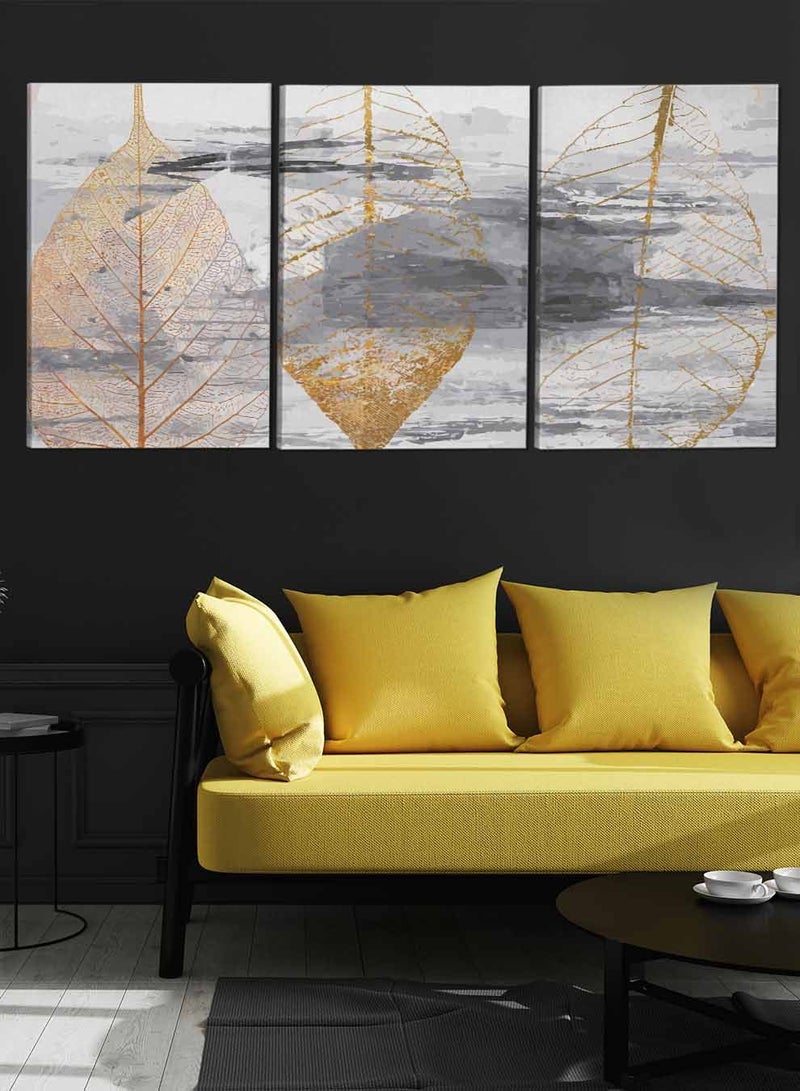 LOWHA Set Of 3 Framed Canvas Wall Arts Stretched Over Wooden Frame Leaves Triptych Abstract Paintings For Home Living Room Office Decor - Image 3