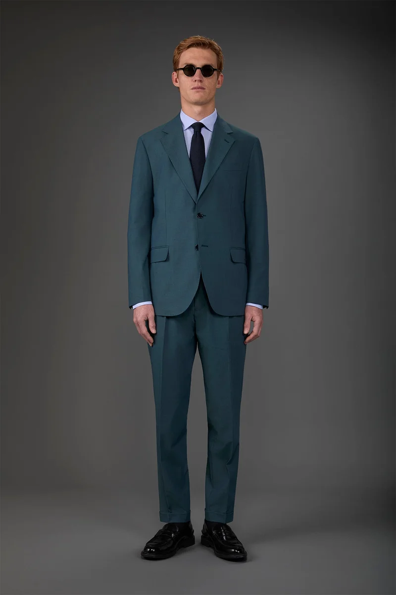 دوبل غانغر Single-breasted men's suit with single-pleat trousers in two-way stretch fabric - Petrol