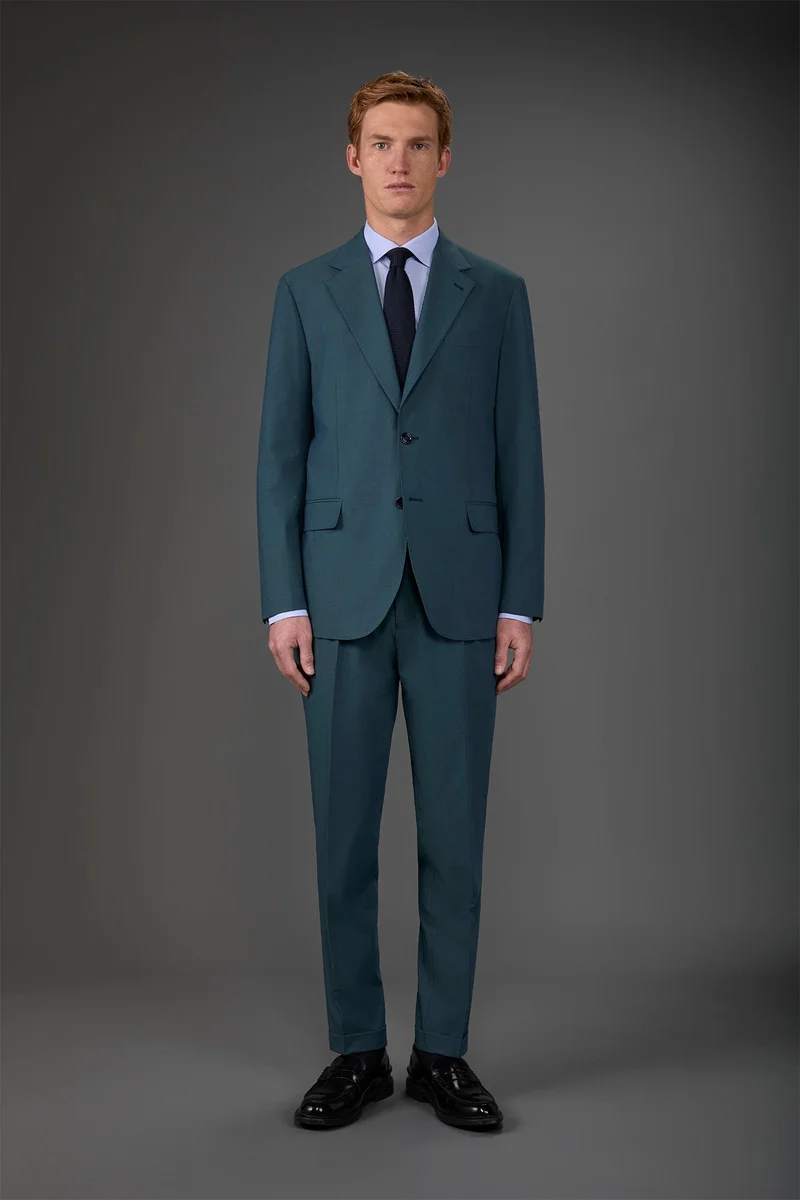 دوبل غانغر Single-breasted men's suit with single-pleat trousers in two-way stretch fabric - Petrol