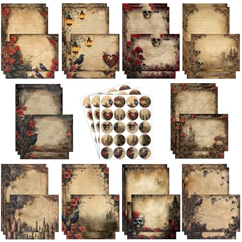 TaoBary 160 Pcs Stationery Paper Set 50 Double Sided Stationery Papers with 50 Matching Envelopes and 60 Round Dot Sticker 10 DesignGothic Style825 x 55 Inch - Image 1