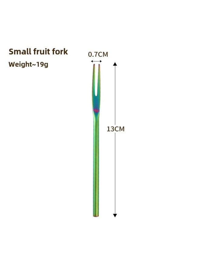 Creative Japanese 304 Stainless Steel Sanding Solid Fruit Fork Long Handle Round Handle Moon Cake Dessert Cake 2 Teeth Fruit Sticks-Colour:Colorful Short-handled Fruit Fork 13cm - Image 1