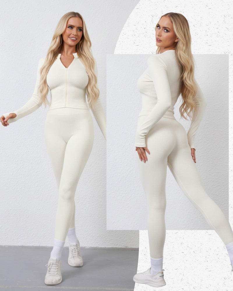 Simlakey Women 3 Piece Seamless Workout Set Sports Bra High Waisted Gym Yoga Leggings Zip Up Jacket with Thumbhole Activewear(Apricot,Large) - Image 4