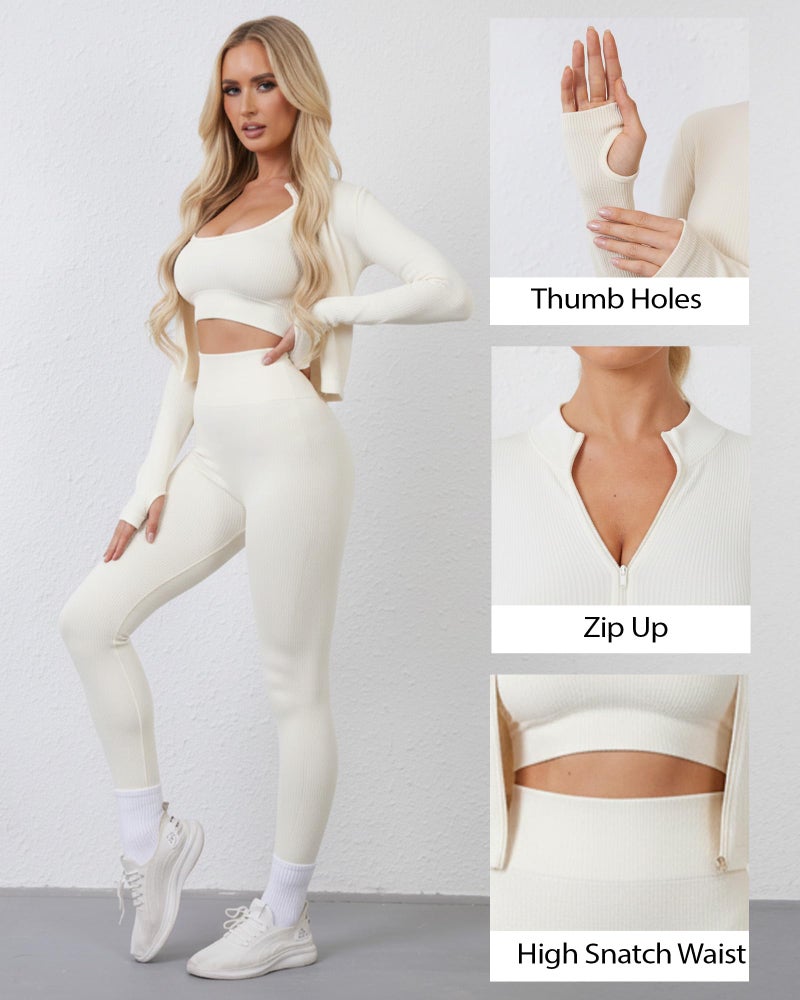 Simlakey Women 3 Piece Seamless Workout Set Sports Bra High Waisted Gym Yoga Leggings Zip Up Jacket with Thumbhole Activewear(Apricot,Large) - Image 5