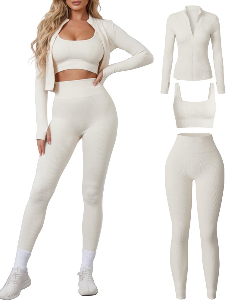 Simlakey Women 3 Piece Seamless Workout Set Sports Bra High Waisted Gym Yoga Leggings Zip Up Jacket with Thumbhole Activewear(Apricot,Large) - Image 1