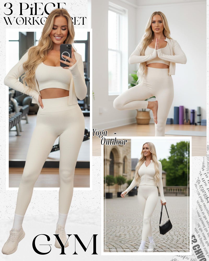 Simlakey Women 3 Piece Seamless Workout Set Sports Bra High Waisted Gym Yoga Leggings Zip Up Jacket with Thumbhole Activewear(Apricot,Large) - Image 2
