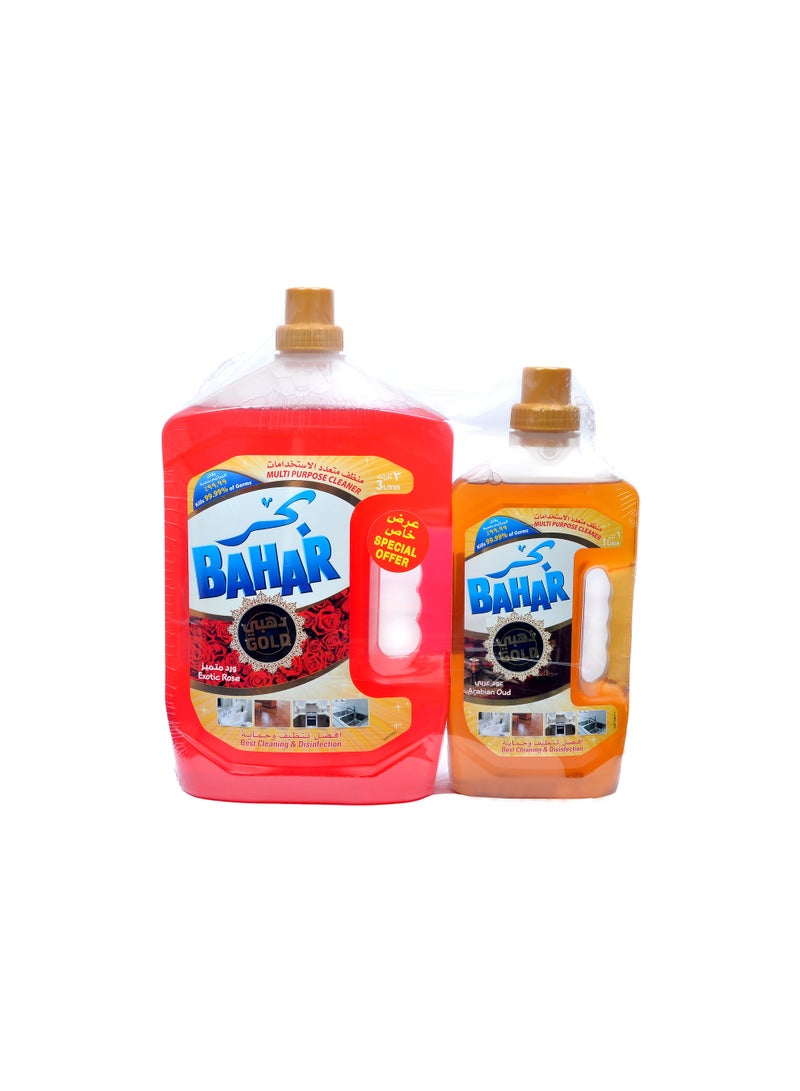 بحر منظف ​​جولد متعدد الأغراض، عبوة ٣ لتر + عرض لتر واحد، برائحة الورد الاستوائي والعود العربي، حماية قوية من الجراثيم وانتعاش يدوم طويلاً، ٣ لتر + لتر واحد مجاناً - Image 1