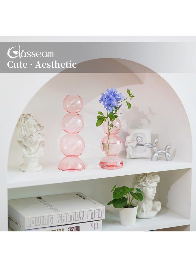 Glasseam Cute Pink Flower Vase, Unique Handmade Glass Vase for Flowers, Aesthetic Small Bud Vase Decor, Modern Ball Propagation Vase, Round Decorative Vases for Living Room Dining Table Decorations - Image 2