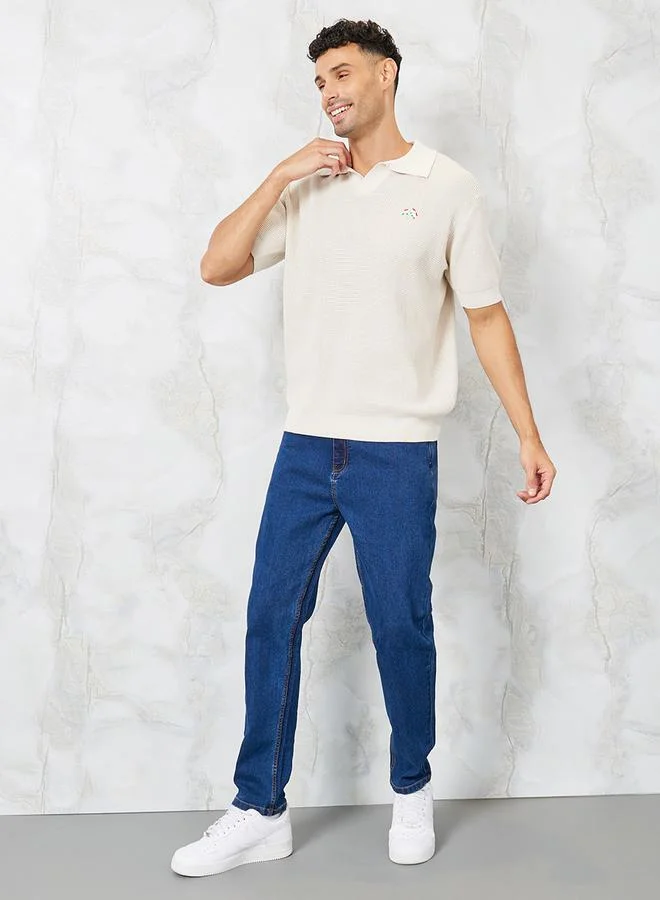 ستايلي Premium Textured Knit Revere Collar Relaxed Polo