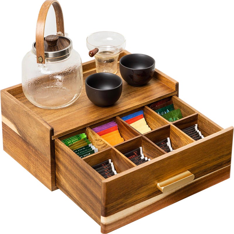 Acacia Wood Tea Bag Organizer Tea Organizers and Storage Box Tea Caddy for Tea Bags Storage Drawer Teabag Holder Container Boxes for Countertop Tea Station Chest Display Wooden Organizador De Te
