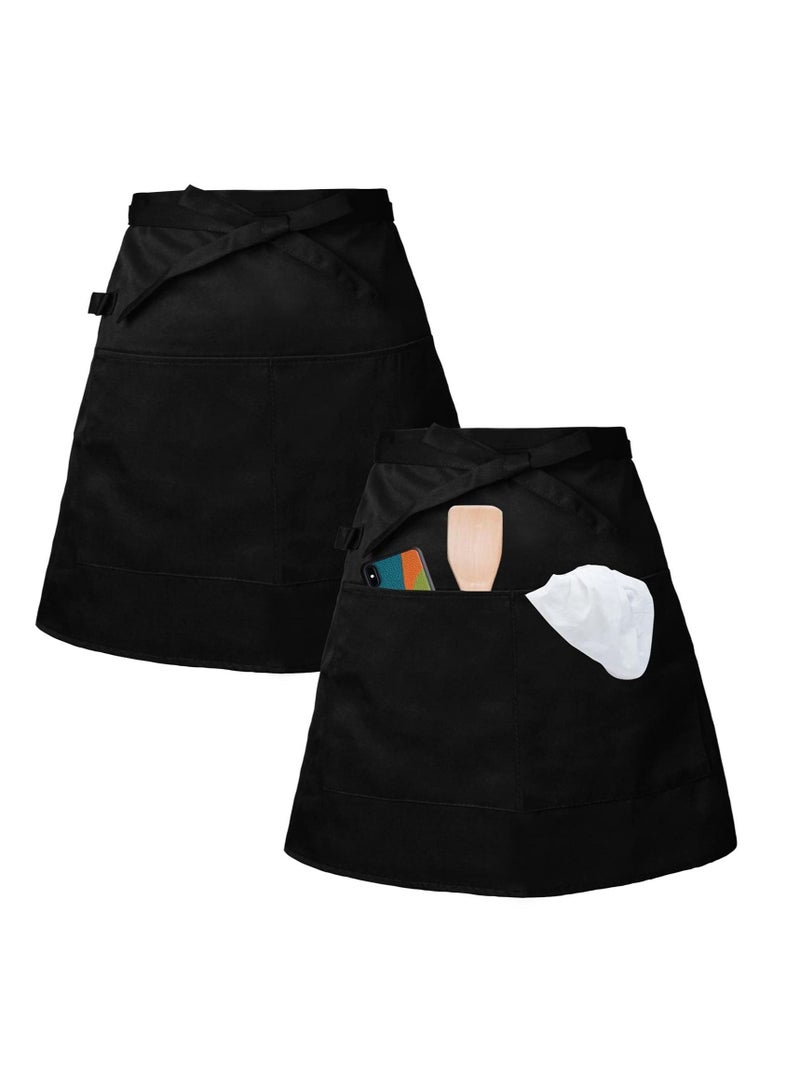 SYOSI Waist Apron, Black Half Aprons Short Cloth Aprons Men and Women Waitress Apron for Home Kitchen Restaurant Work Bistro Gardening Chef Waiter Cooking and Baking (2 Packs)  - Image 1