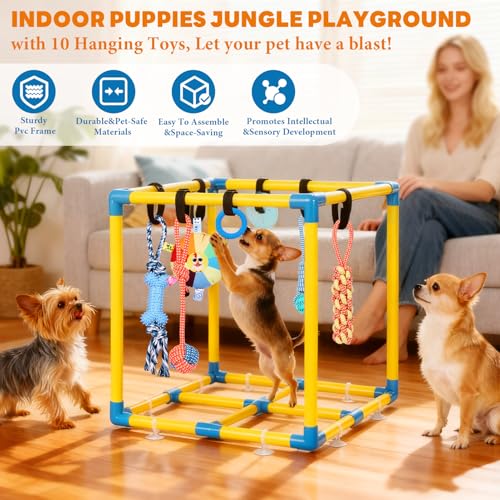 WLLEYAY Puppy Play Gym for Small Dogs with 10 Hanging Toys, Removable Indoor Jungle Gym, PVC Frame with Adjustable Bungee Straps, Interactive Dog Toys Tug Toys for Dogs Rope Toy to Keep Them Busy - Image 2