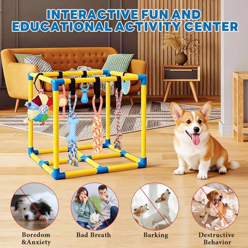 WLLEYAY Puppy Play Gym for Small Dogs with 10 Hanging Toys, Removable Indoor Jungle Gym, PVC Frame with Adjustable Bungee Straps, Interactive Dog Toys Tug Toys for Dogs Rope Toy to Keep Them Busy - Image 5