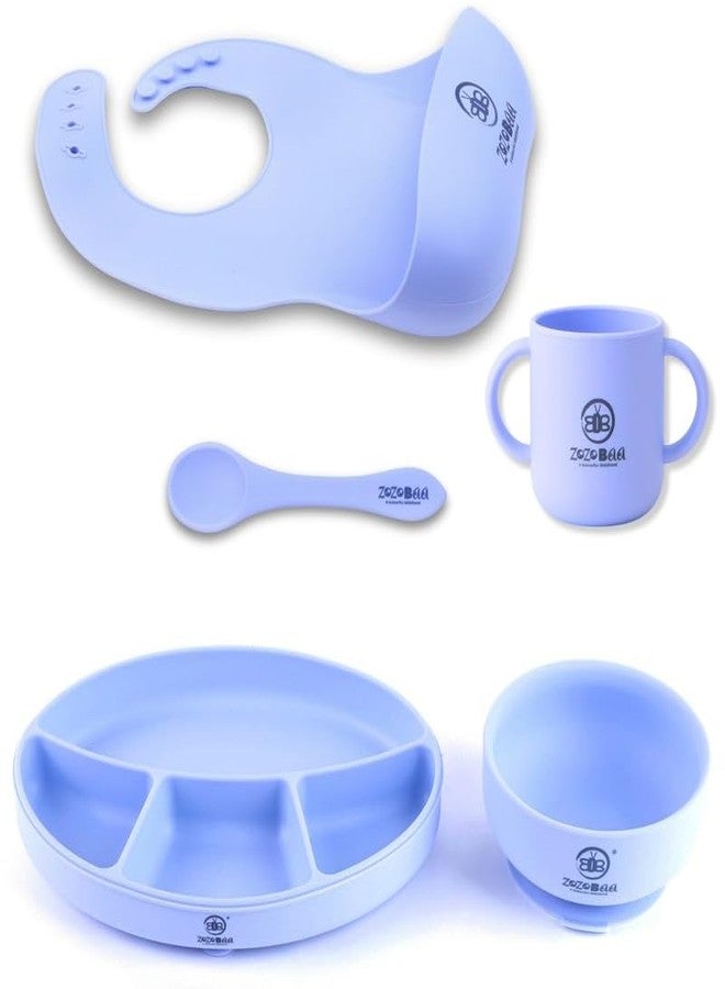 ZoZoBaa Silicone Feeding Set Including Baby Bib,Long Spoon,Open Handle Cup, Suction Base Oval Plate & Bowl for Toddler |Solid Cutlery Set|Easy Wipe Clean|Baby Weaning Sets (5 Pc),[Purple] - Image 1