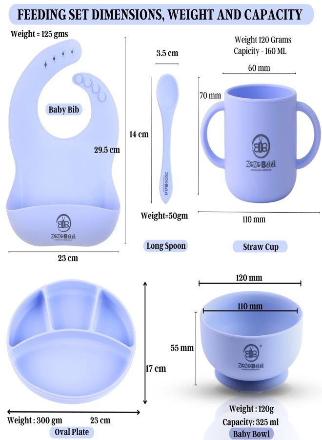 ZoZoBaa Silicone Feeding Set Including Baby Bib,Long Spoon,Open Handle Cup, Suction Base Oval Plate & Bowl for Toddler |Solid Cutlery Set|Easy Wipe Clean|Baby Weaning Sets (5 Pc),[Purple] - Image 2
