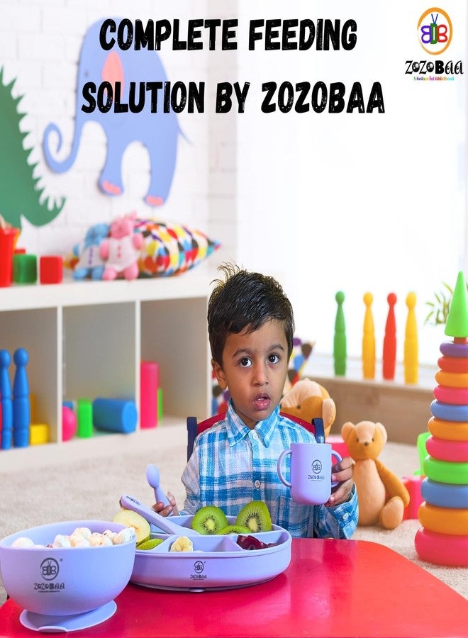 ZoZoBaa Silicone Feeding Set Including Baby Bib,Long Spoon,Open Handle Cup, Suction Base Oval Plate & Bowl for Toddler |Solid Cutlery Set|Easy Wipe Clean|Baby Weaning Sets (5 Pc),[Purple] - Image 5