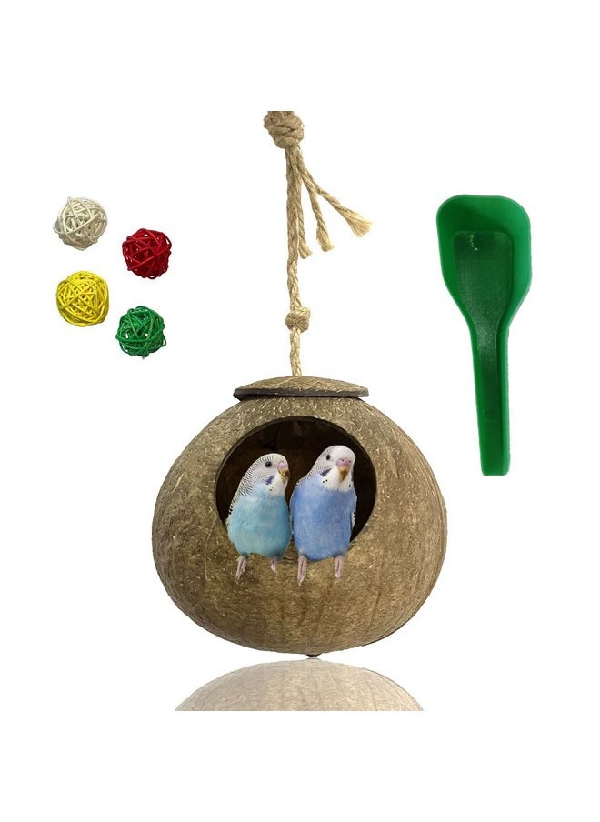 Kathson - kathson Natural Coconut Shell Bird Nest,Hanging Coco Birds House,Parrots Hide Hut Habitats Decor,Parrot Cage Accessories for Lovebirds Cockatiel Canary Budgies,Feeder Spoon,4 Toy Balls(6 Pcs) - Image 1