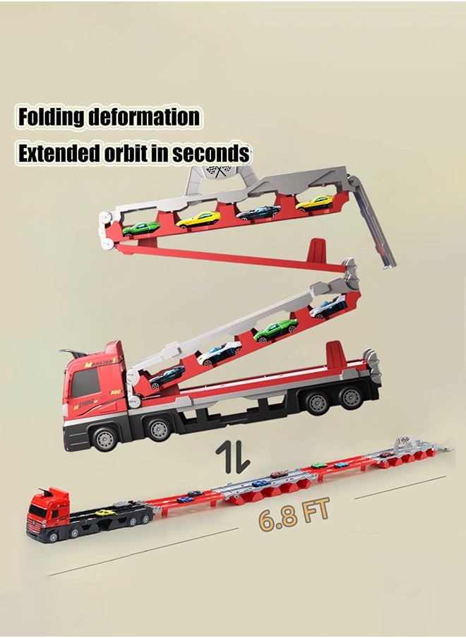 XiuWoo Mega Hauler Truck with Ejection Race Track, Big Truck 207cm Folding Storage Race Track Deformation Catapult Alloy Car, Transporter Truck Toy Set for Kids Gift with 24 Cars  - Image 3