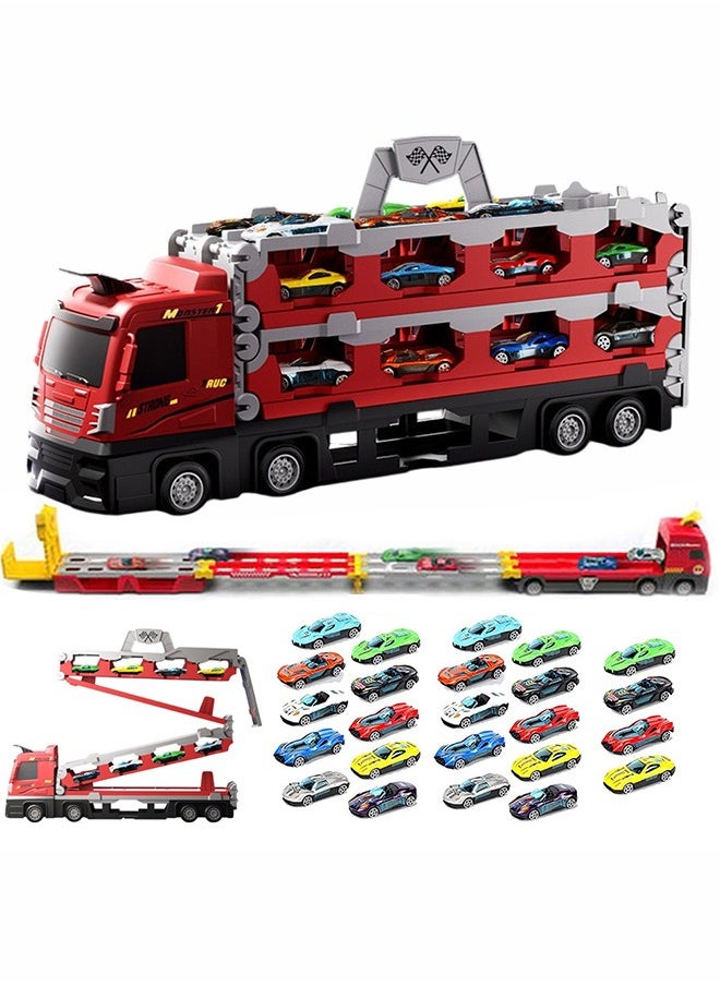 XiuWoo Mega Hauler Truck with Ejection Race Track, Big Truck 207cm Folding Storage Race Track Deformation Catapult Alloy Car, Transporter Truck Toy Set for Kids Gift with 24 Cars  - Image 1