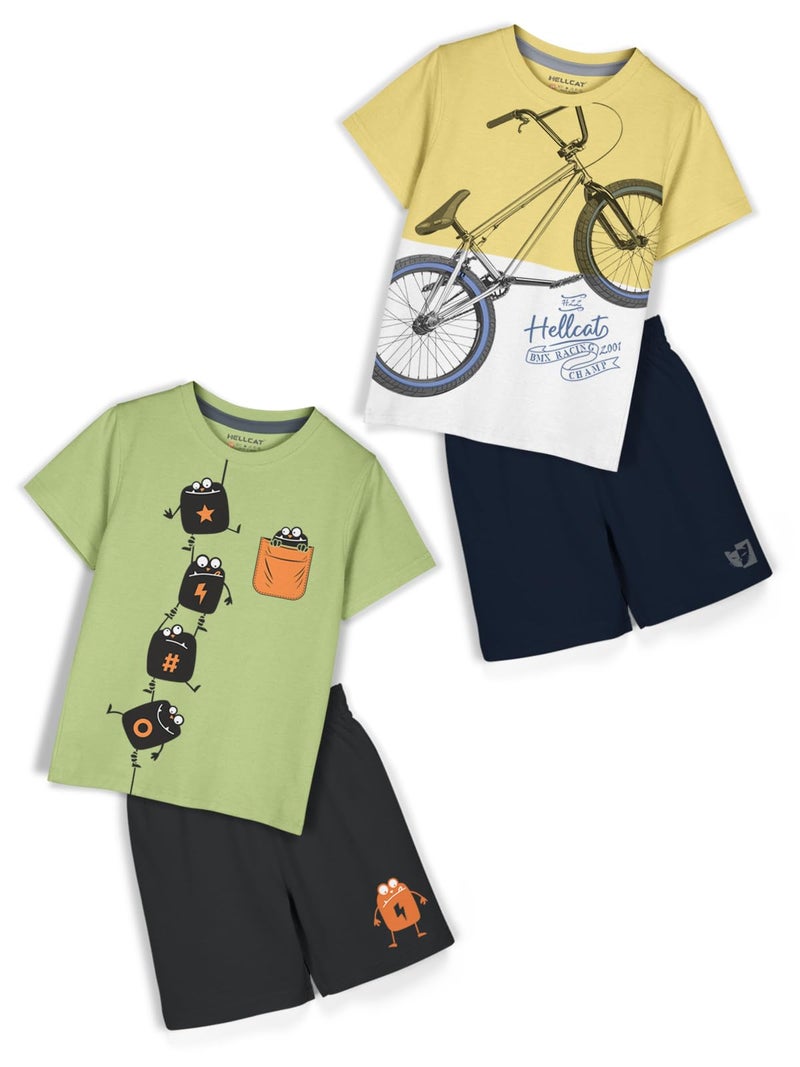 HELLCAT Boys Dress Clothing Set Combo with Tshirts & Shorts - Pack 2 Green/Mustard 1-2 Years - Image 1
