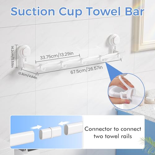 LUXEAR Suction Cup Towel Bar, 24 inches Adjustable Towel Rack Holder, No Drill & Removable Bathroom Towel Holder with 5 Sliding Hooks, Wall Mounted Towel Hanger for Shower Room, Kitchen, Door - White - Image 5