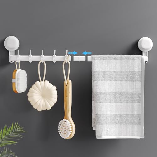 LUXEAR Suction Cup Towel Bar, 24 inches Adjustable Towel Rack Holder, No Drill & Removable Bathroom Towel Holder with 5 Sliding Hooks, Wall Mounted Towel Hanger for Shower Room, Kitchen, Door - White - Image 1