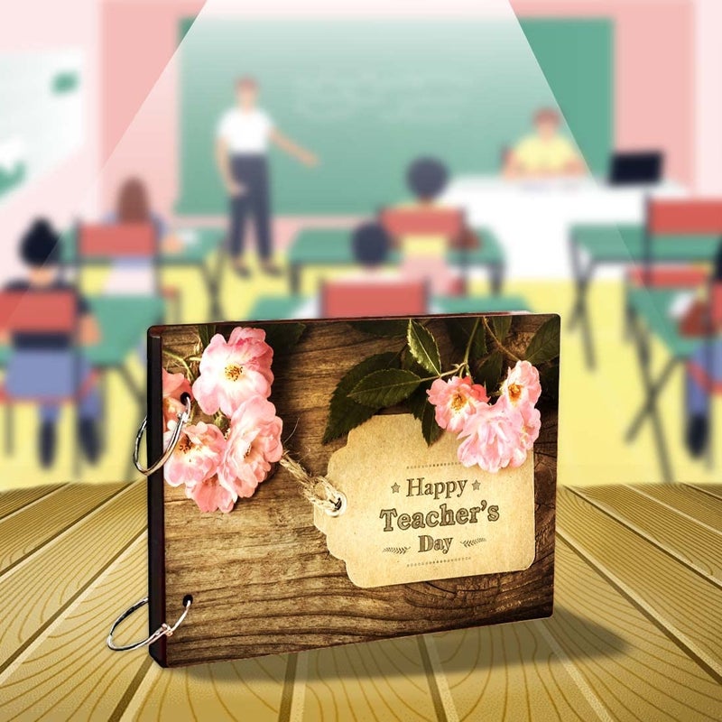 Decor1ders ألبومات صور دكور1درز الخشبية بمناسبة يوم المعلم الكبير 22x16 سم دفاتر ذكريات مع 40 ورقة سوداء لتجميع الصور - Image 3