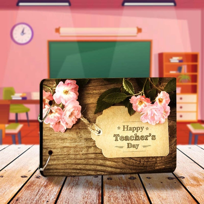 Decor1ders ألبومات صور دكور1درز الخشبية بمناسبة يوم المعلم الكبير 22x16 سم دفاتر ذكريات مع 40 ورقة سوداء لتجميع الصور - Image 1