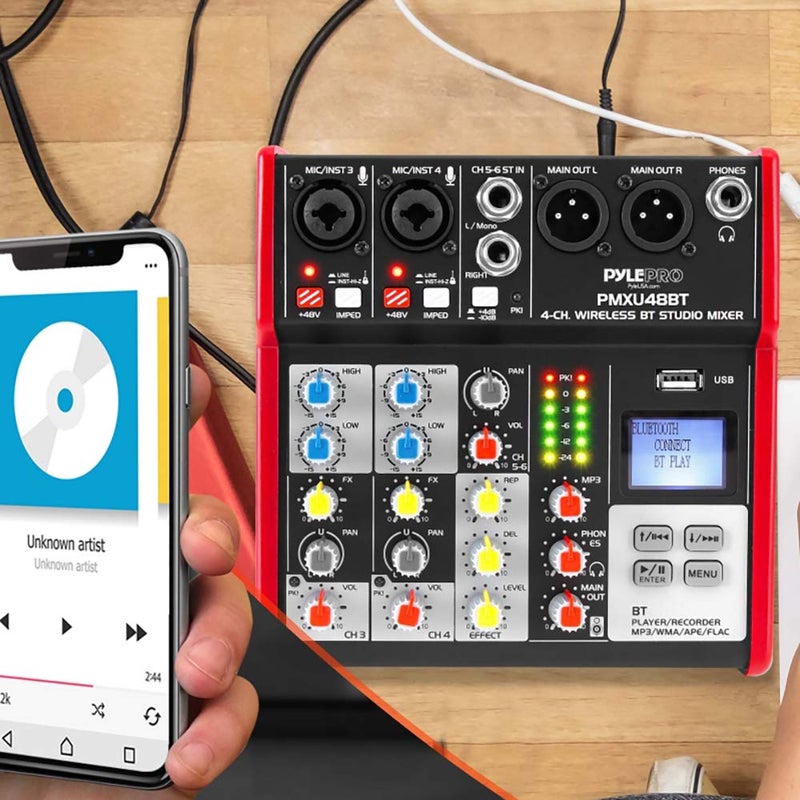 PYLE Studio Audio Sound Mixer Board - 4 Channel Bluetooth Compatible Professional Portable Digital DJ Mixing Console with USB Mixer Audio Interface - Mixing Boards For Studio Recording - PMXU48BT - Image 4