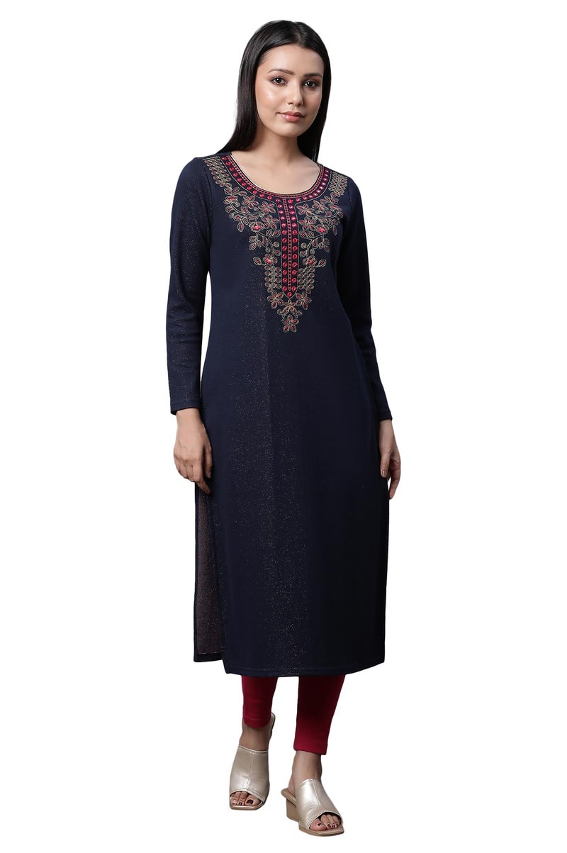 Aurelia Blue Warm Jacquard Winter Kurta and Tights Set (Size: 2XL)-23NOAS14732-704475 - Image 1