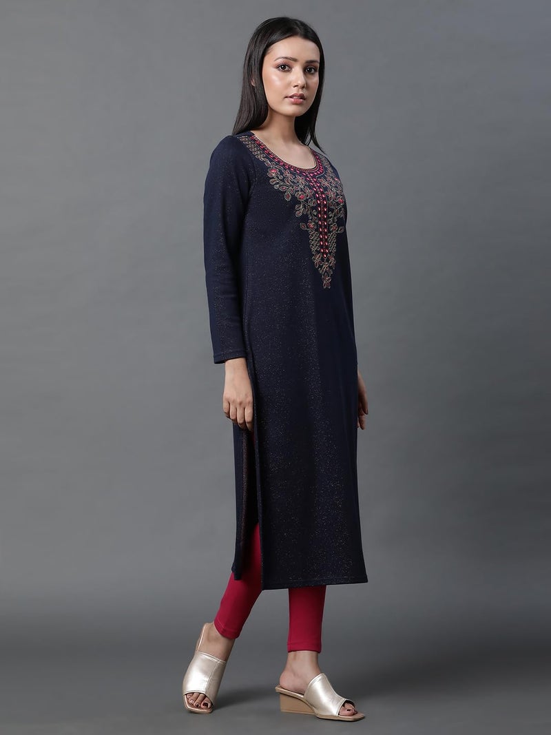 Aurelia Blue Warm Jacquard Winter Kurta and Tights Set (Size: 2XL)-23NOAS14732-704475 - Image 5