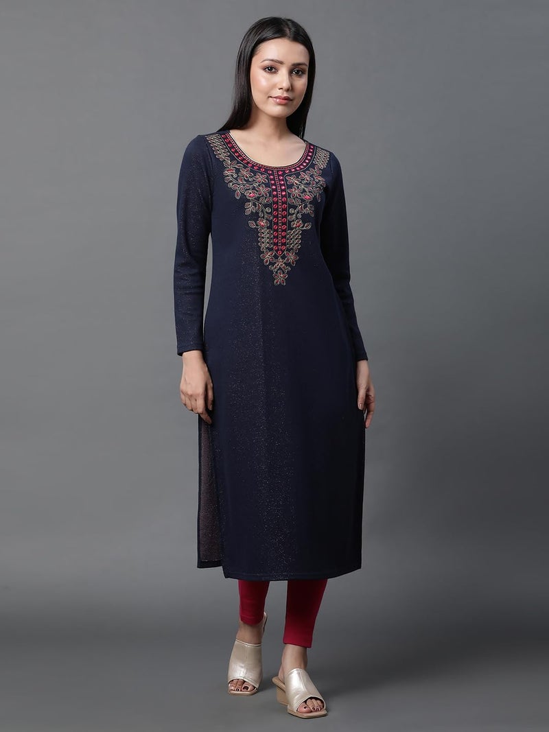 Aurelia Blue Warm Jacquard Winter Kurta and Tights Set (Size: 2XL)-23NOAS14732-704475 - Image 2