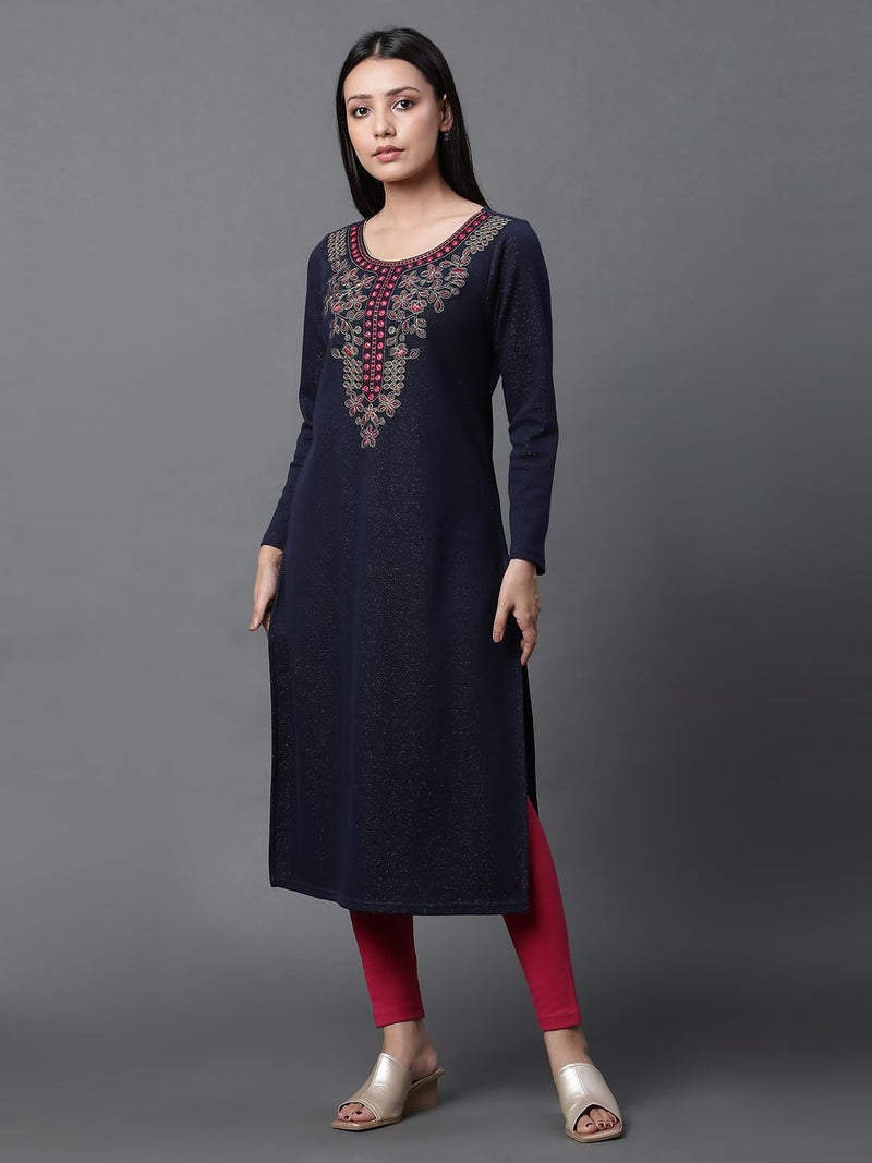Aurelia Blue Warm Jacquard Winter Kurta and Tights Set (Size: 2XL)-23NOAS14732-704475 - Image 3