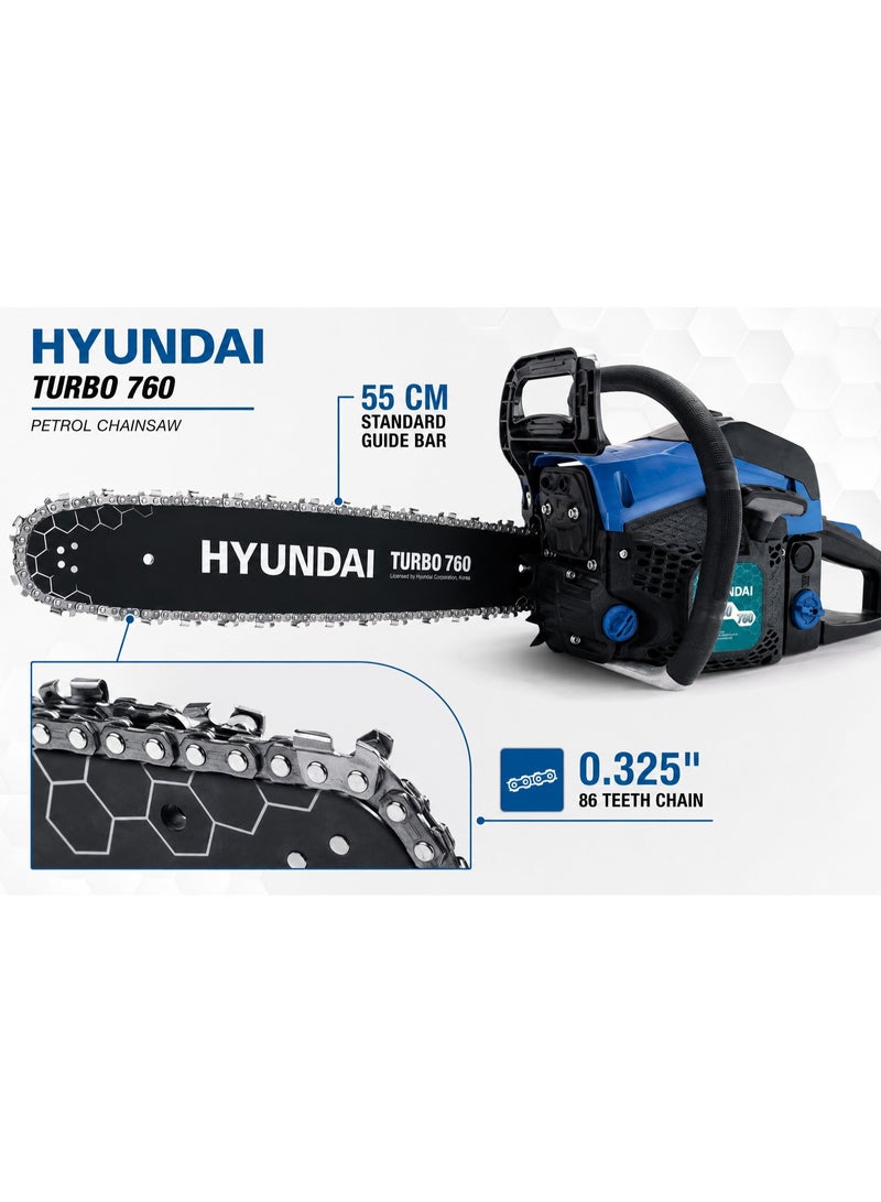 HYUNDAI Petrol Chainsaw Hyundai TURBO 760 54.6cc 2.5kW 55cm Guide Bar Heavy Duty Gasoline Chain Saw for Wood Cutting Logging Forestry and Agriculture - Image 3