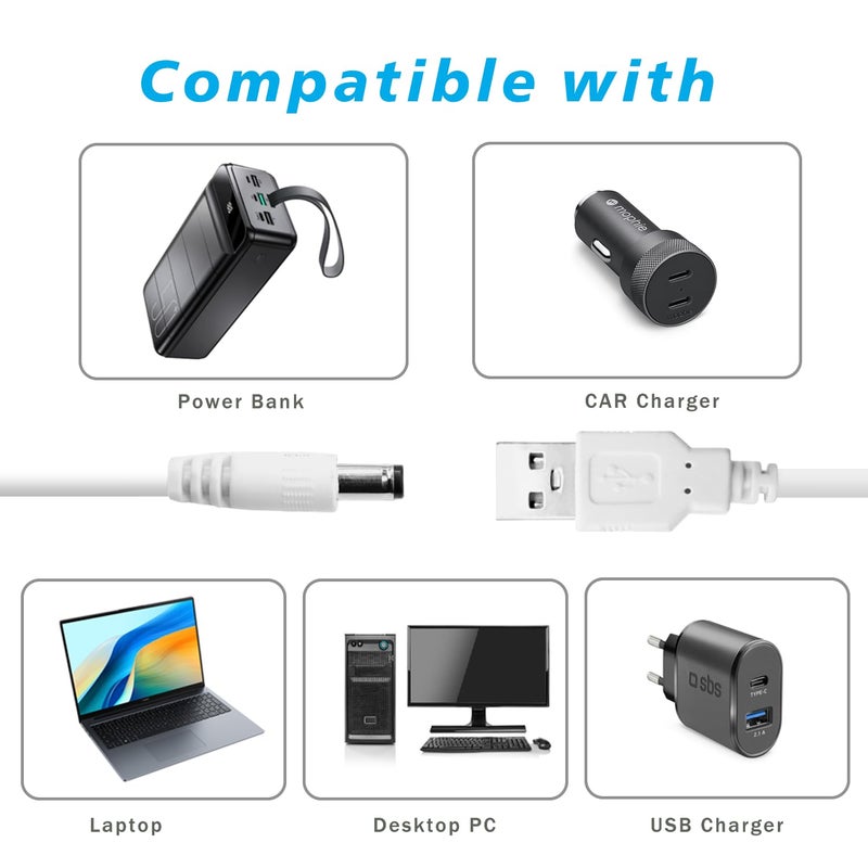 Pinkind USB to DC 5V Power Cord, Universal DC 5.5x2.1mm Charging Cable with 9 Interchangeable Connectors Adapter for Moon Lamp, Massage Wand, Router, LED Light, Mini Fan, Speaker and More Devices (White) - Image 5