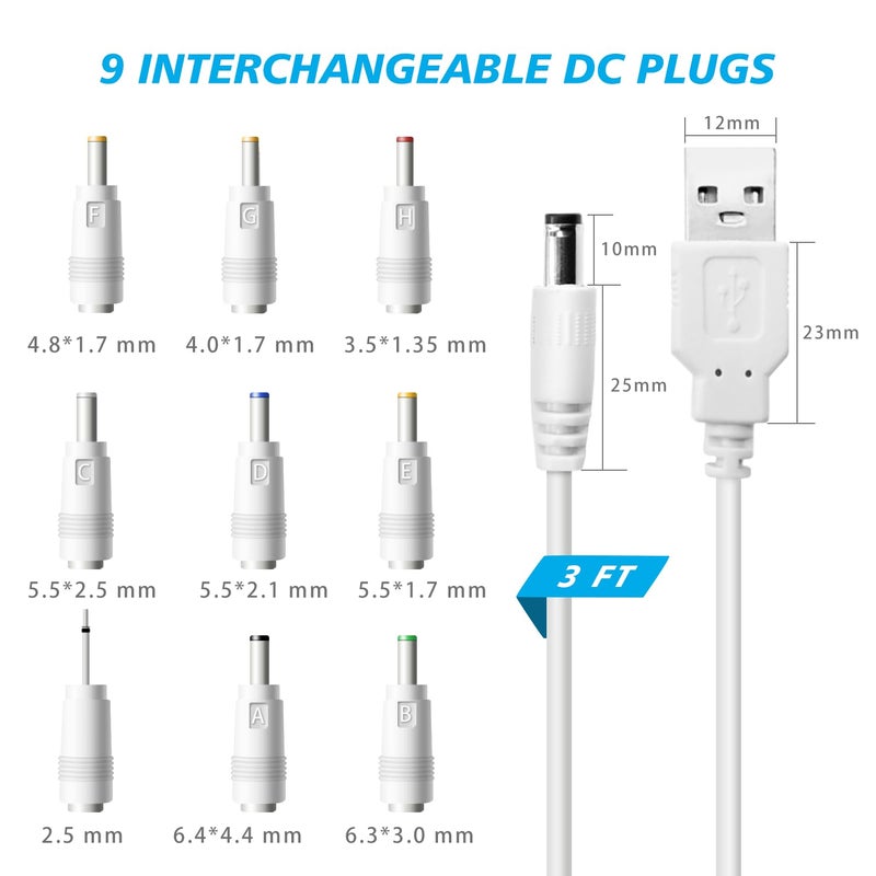 Pinkind USB to DC 5V Power Cord, Universal DC 5.5x2.1mm Charging Cable with 9 Interchangeable Connectors Adapter for Moon Lamp, Massage Wand, Router, LED Light, Mini Fan, Speaker and More Devices (White) - Image 3