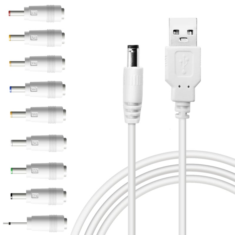 Pinkind USB to DC 5V Power Cord, Universal DC 5.5x2.1mm Charging Cable with 9 Interchangeable Connectors Adapter for Moon Lamp, Massage Wand, Router, LED Light, Mini Fan, Speaker and More Devices (White) - Image 1