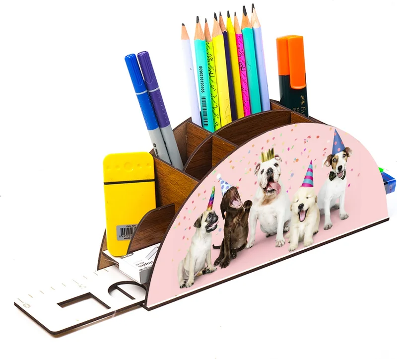 Notpa Wooden Party Dogs Rainbow Ruler Desktop Pen Holder Box Organizer For Kids GK130