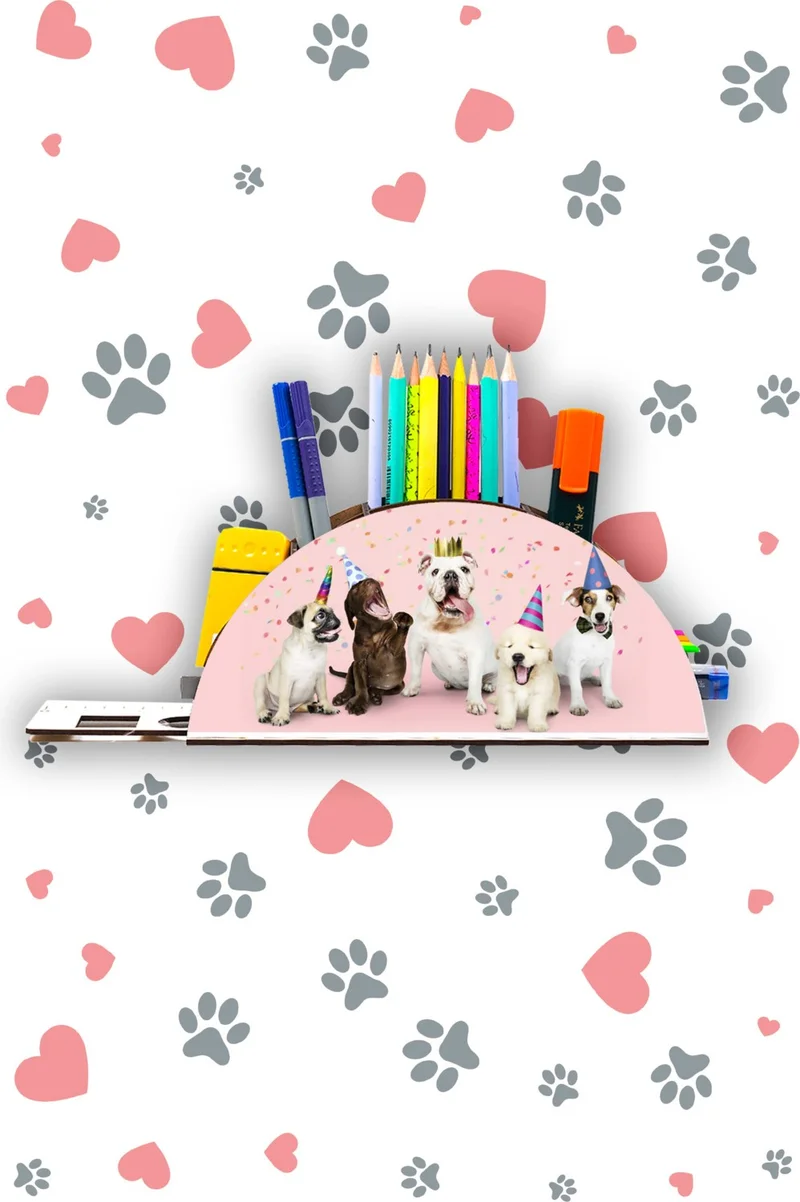 Notpa Wooden Party Dogs Rainbow Ruler Desktop Pen Holder Box Organizer For Kids GK130