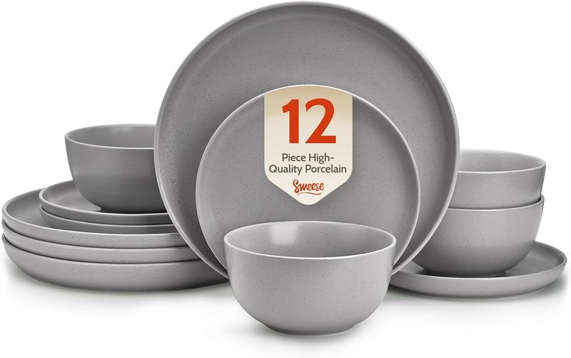 Sweese Dinnerware Sets12 Pieces Porcelain Round Plates and Bowls Sets Dishes Set for 4 Chip Scratch Dishwasher Microwave and Oven Safe Dishware Sets Grey - Image 1