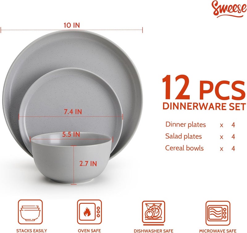 Sweese Dinnerware Sets12 Pieces Porcelain Round Plates and Bowls Sets Dishes Set for 4 Chip Scratch Dishwasher Microwave and Oven Safe Dishware Sets Grey - Image 2