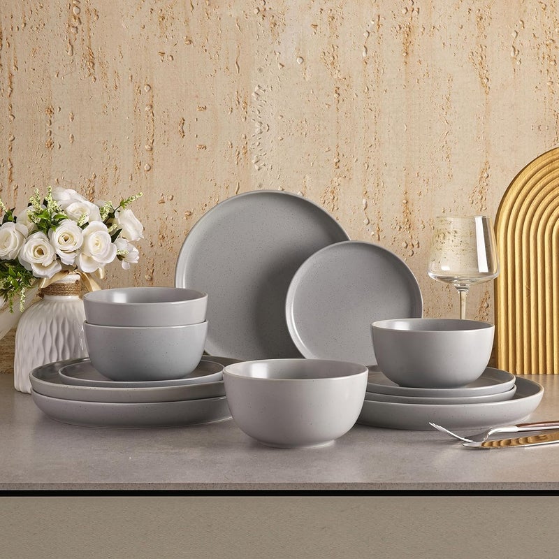 Sweese Dinnerware Sets12 Pieces Porcelain Round Plates and Bowls Sets Dishes Set for 4 Chip Scratch Dishwasher Microwave and Oven Safe Dishware Sets Grey - Image 5