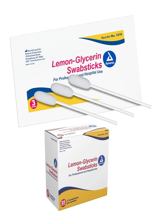 Dynarex Lemon-Glycerin Swabsticks, Pleasant Tasting Cotton Swabs That Gently Soothes and Refreshes Dry Mouth, 3 Oral Swabsticks per Packet, 1 Box of 75 Lemon-Glycerin Swabsticks - Image 1