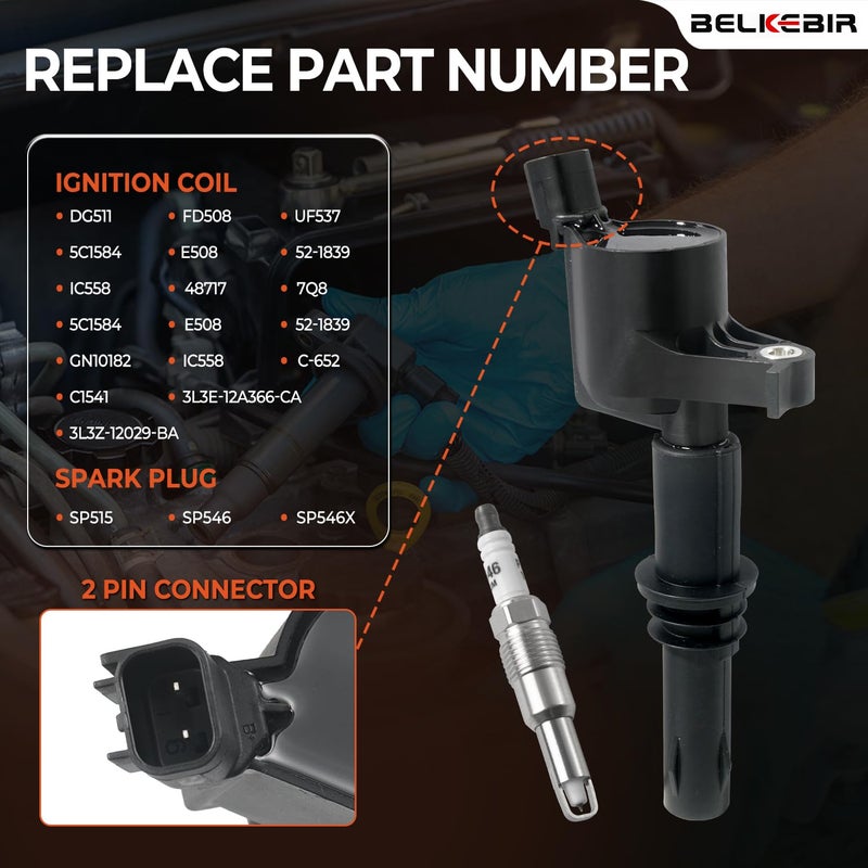 BELKEBIR Set of 8 Ignition Coil Packs & Spark Plugs Compatible with 5.4L V8 2004-2008 Ford Expedition F150 F250 F350 Super Duty, Lincoln Mark LT Navigator Replace DG511 FD508 C1541 SP546 (Straight Black Boot) - Image 3