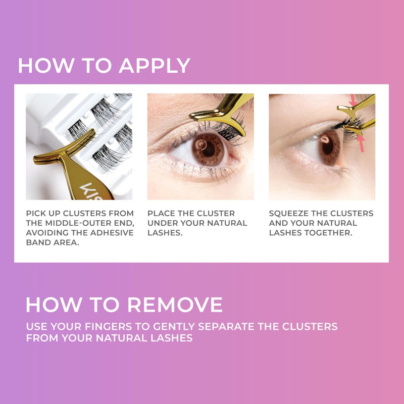 Impress KISS imPRESS Falsies Press On Self Adhesive Eyelashes, 12mm-14mm Natural Volume Press On Lashes, Black, No Glue Needed, Invisible Band, 20 Lash Clusters & Non-Stick Applicator - Natural - Image 2