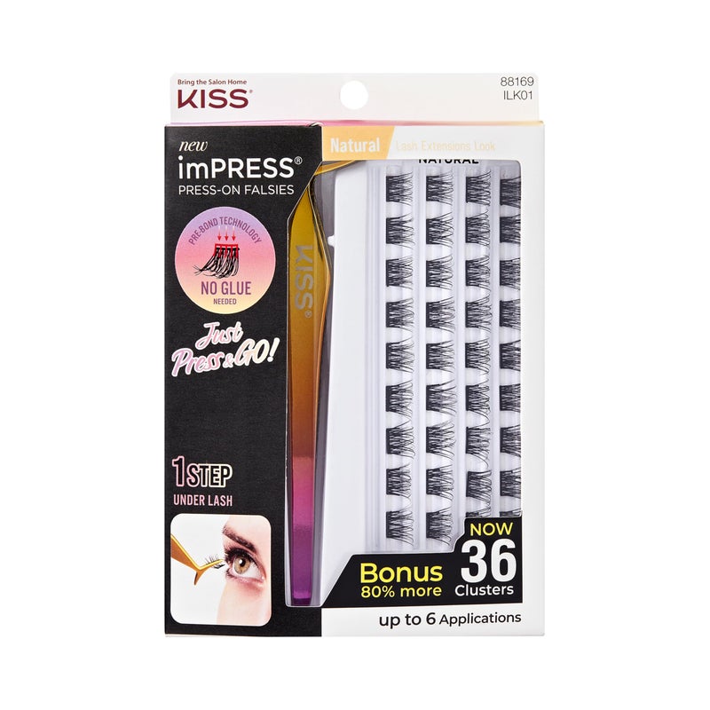 Impress KISS imPRESS Falsies Press On Self Adhesive Eyelashes, 12mm-14mm Natural Volume Press On Lashes, Black, No Glue Needed, Invisible Band, 20 Lash Clusters & Non-Stick Applicator - Natural - Image 1